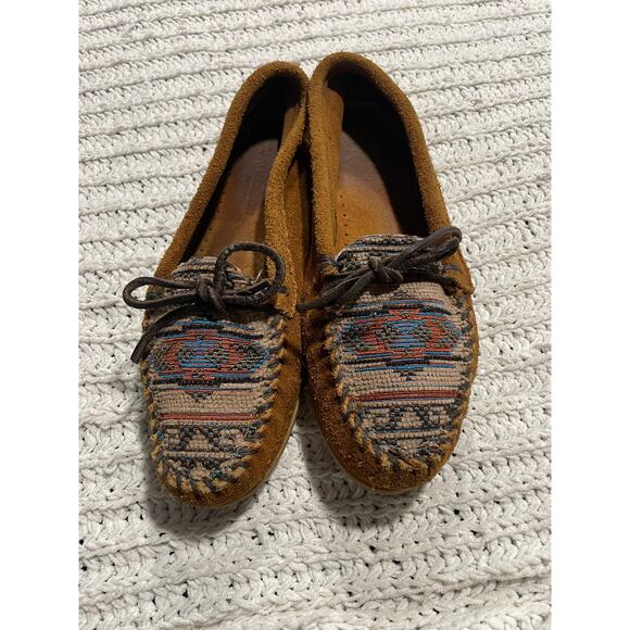 Minnetonka Moccasins El Paso Moc II Suede Flats Slip On Aztec Womens 9.5 Brown - Picture 1 of 12